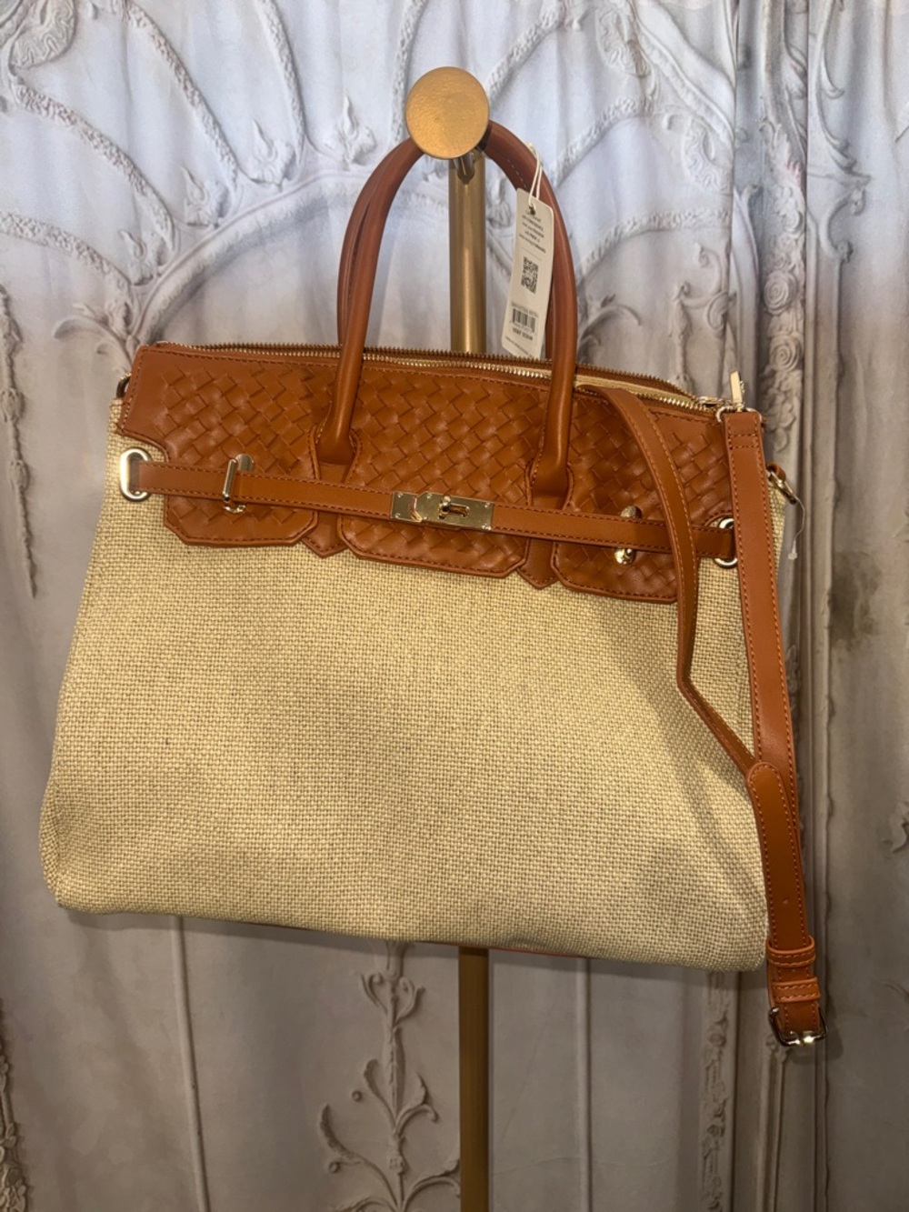 Woven Cream Tote with Brown vegan Leather Trim - Women's Bag
